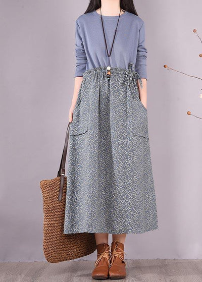 Elegant O Neck Spring Wardrobes Sewing Blue Patchwork Print Art Dresses - SooLinen