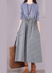 Elegant O Neck Spring Wardrobes Sewing Blue Patchwork Print Art Dresses - SooLinen
