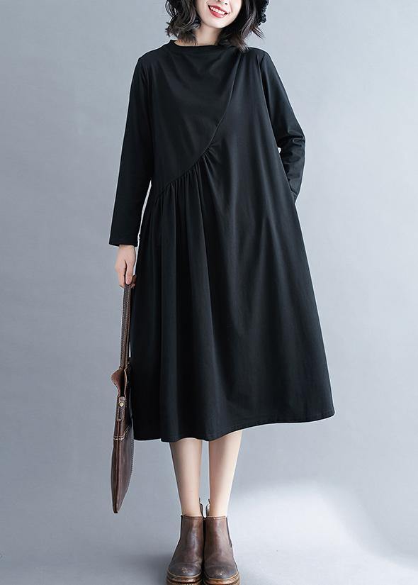 Elegant O Neck Wrinkled Spring Tunics Outfits Black Maxi Dress - SooLinen