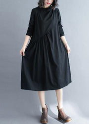 Elegant O Neck Wrinkled Spring Tunics Outfits Black Maxi Dress - SooLinen