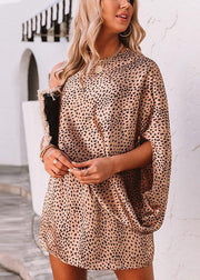 Elegant One Shoulder Design Leopard Print Mid Dress Batwing Sleeve