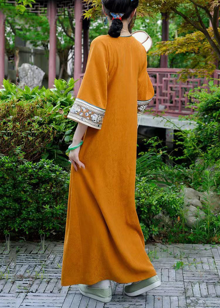 Elegant Orange Button Print Silk Long Dresses Bracelet Sleeve