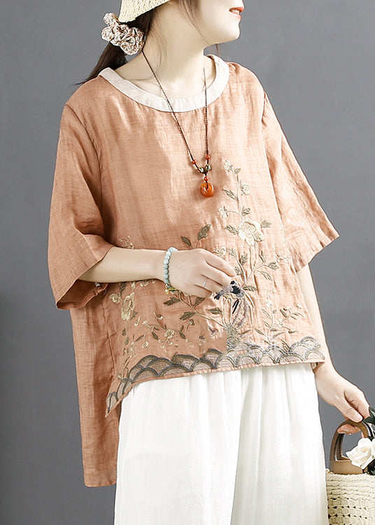 Elegant Orange Embroidered Linen Shirt Top Summer