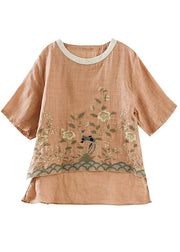 Elegant Orange Embroidered Linen Shirt Top Summer