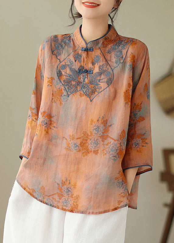 Elegant Orange Embroidered Print Cotton Shirts Half Sleeve
