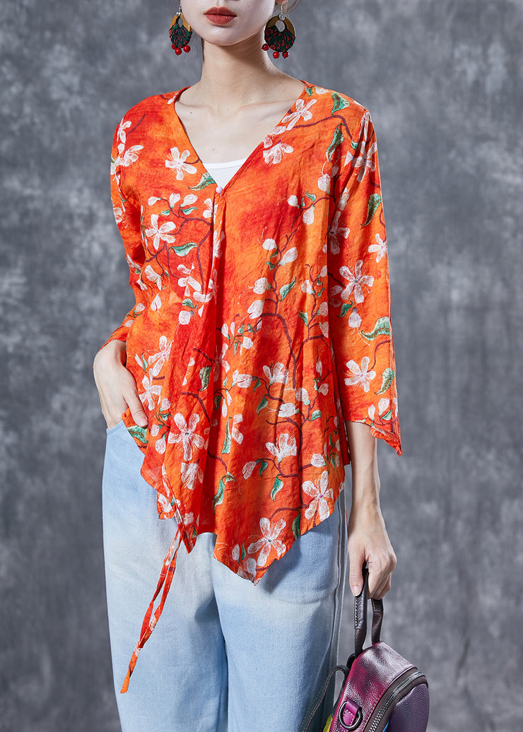 Elegant Orange Flower Print Lace Up Cotton Shirt Tops Bracelet Sleeve