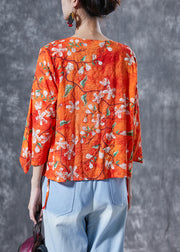 Elegant Orange Flower Print Lace Up Cotton Shirt Tops Bracelet Sleeve