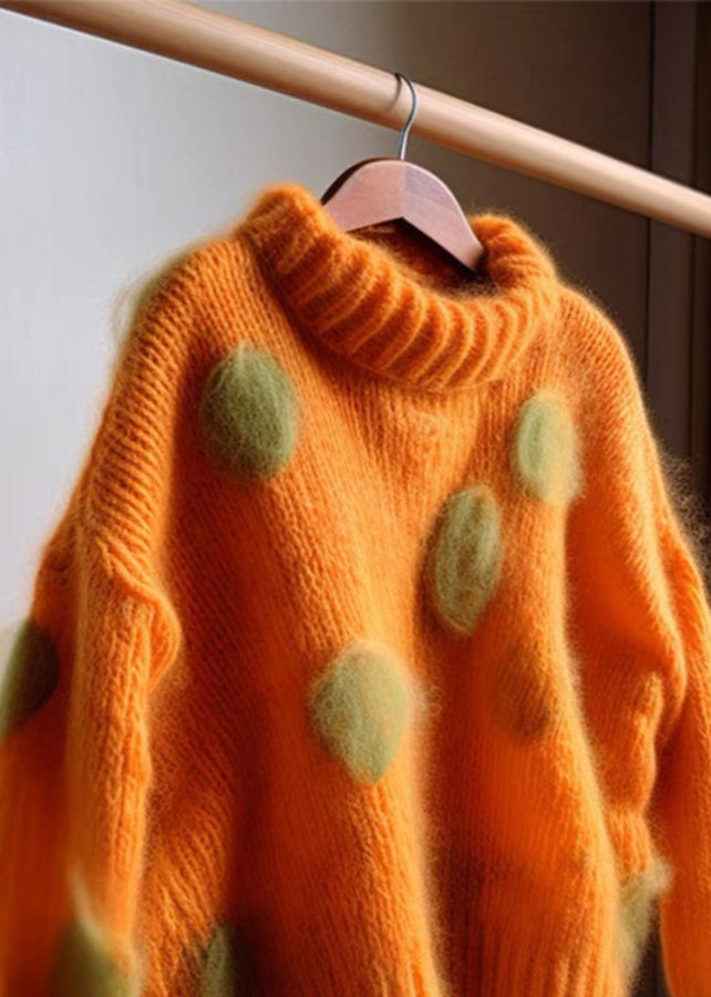 Elegant Orange Hign Neck Cashmere Knit Sweaters Fall