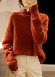 Elegant Orange Hign Neck Patchwork Woolen Knit Sweaters Fall