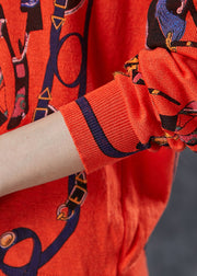 Elegant Orange O-Neck Print Knit Pullover Spring