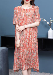 Elegant Orange O Neck Print Patchwork Chiffon Dress Summer