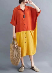Elegant Orange Patchwork Yellow Peter Pan Collar Button Pockets Maxi Shirts Dress Summer