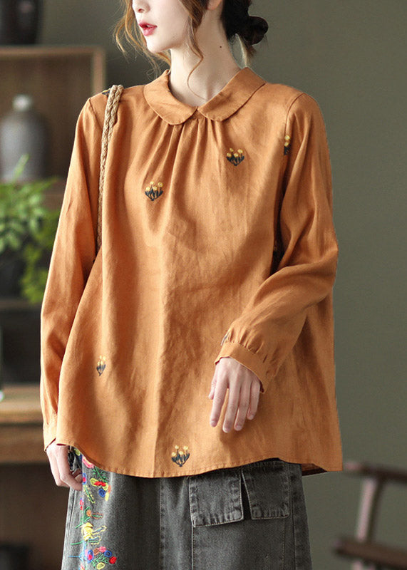 Elegant Orange Peter Pan Collar Embroidered Linen Shirt Long Sleeve