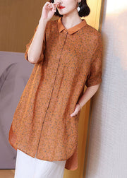 Elegant Orange Peter Pan Collar Print Patchwork Linen Shirts Top Summer
