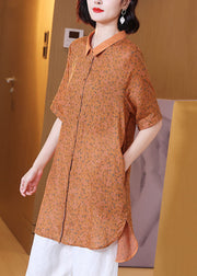 Elegant Orange Peter Pan Collar Print Patchwork Linen Shirts Top Summer