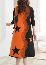 Elegant Orange Print Cozy Cotton Knit Two Piece Suit Long Sleeve