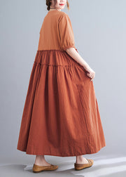 Elegant Orange Ruffled Patchwork Exra Large Hem Cotton Long Dress Summer