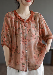 Elegant Orange Ruffled Print Patchwork Linen Shirt Top Summer