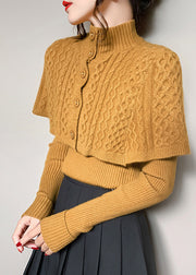 Elegant Orange Turtleneck Cable Knit Wraps And Sweaters Two Pieces Set Fall