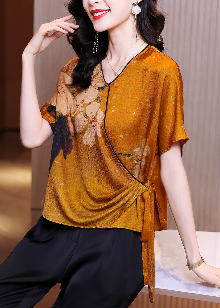 Elegant Orange V Neck Asymmetrical Design Tie Waist Print Silk Tops Summer