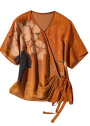Elegant Orange V Neck Asymmetrical Design Tie Waist Print Silk Tops Summer