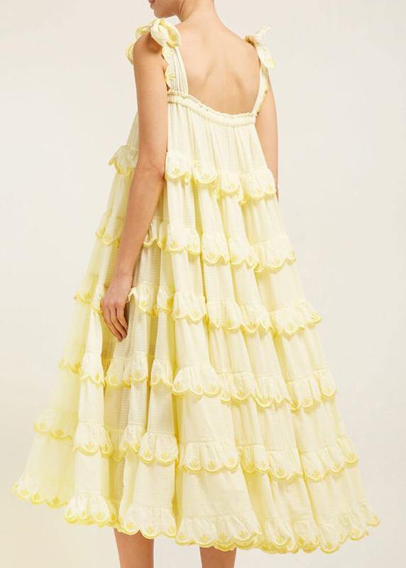 Elegant Patchwork Ruffles Yellow For Women Off Shoulder Sleeveless Oversized Dresses - SooLinen