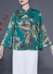 Elegant Peacock Green Mandarin Collar Print Silk Top Flare Sleeve