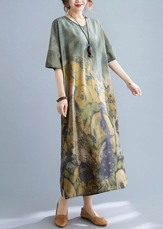 Elegante Pfauengrün V-Ausschnitt Print Side Open Kleider Kurzarm