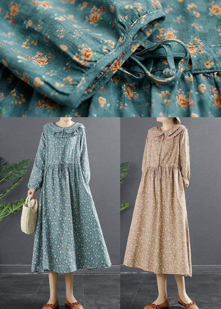 Elegant Peter Pan Collar Dresses Tops Blue Print Robe Dresses - SooLinen