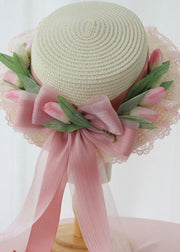 Elegant Pink Bow Lace Patchwork Straw Woven Cloche Hat