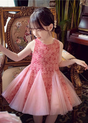 Elegant Pink Bow Nail Bead Patchwork Tulle Baby Girls Princess Dresses Sleeveless
