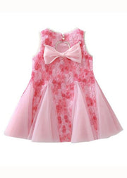 Elegant Pink Bow Nail Bead Patchwork Tulle Baby Girls Princess Dresses Sleeveless