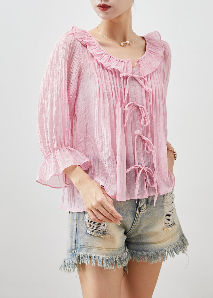 Elegant Pink Bow Wrinkled Cotton Shirts Fall