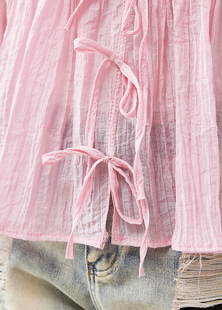 Elegant Pink Bow Wrinkled Cotton Shirts Fall