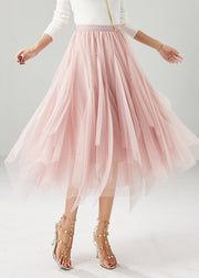 Elegant Pink Elastic Waist Exra Large Hem Tulle Skirts Fall