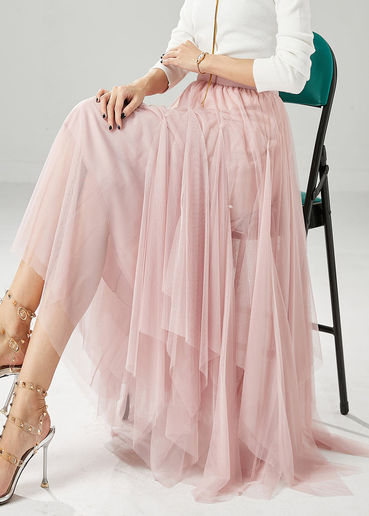 Elegant Pink Elastic Waist Exra Large Hem Tulle Skirts Fall