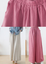 Elegant Pink Elastic Waist Pockets Linen Wide Leg Pants Fall