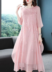 Elegant Pink Embroidered Exra Large Hem Chiffon Dress Summer