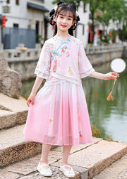 Elegant Pink Embroidered Patchwork Tassel Chiffon Girls Long Dresses Short Sleeve