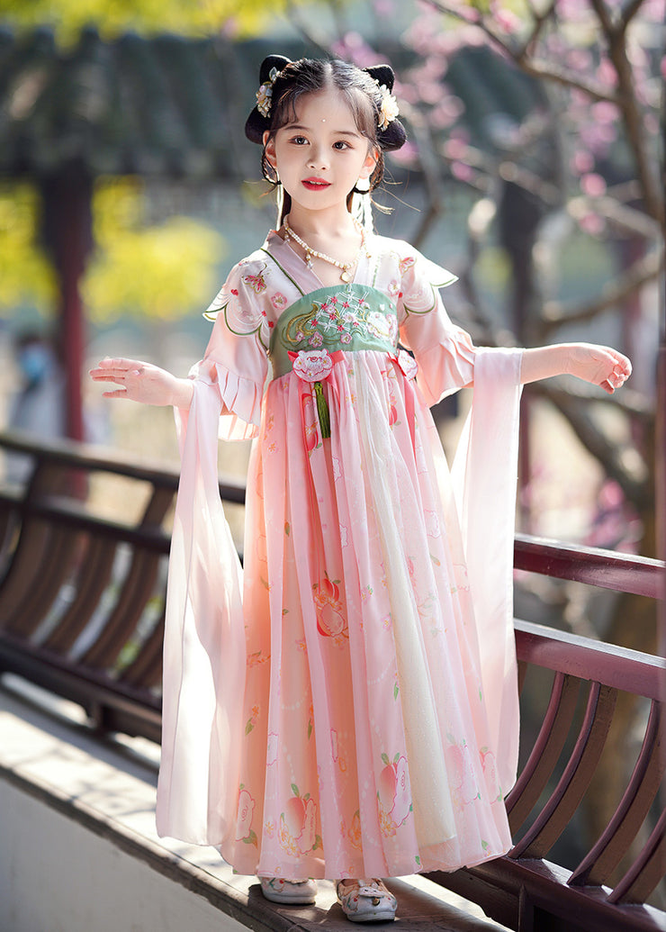 Elegant Pink Embroidered Patchwork Tassel Girls Maxi Dresses Flare Sleeve