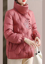 Elegant Pink Embroidered Stand Collar Duck Down Puffers Jackets Winter