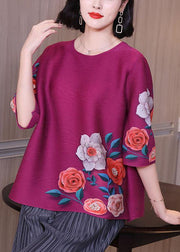 Elegant Pink Floral Short Sleeve Blouse Tops - SooLinen
