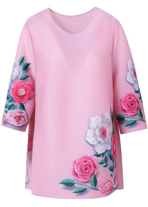 Elegant Pink Floral Short Sleeve Blouse Tops - SooLinen