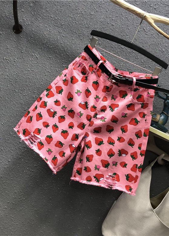 Elegant Pink High Waist Strawberry Print Patchwork Half Straight Pants