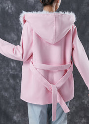 Elegant Pink Hooded Pockets Fuzzy Fox Lined Woolen Coat Winter