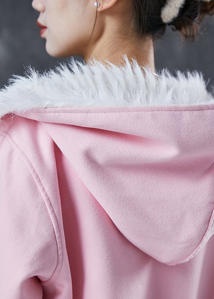 Elegant Pink Hooded Pockets Fuzzy Fox Lined Woolen Coat Winter