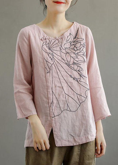 Elegant Pink O-Neck Button Embroideried Fall Linen Long Sleeve Top - SooLinen