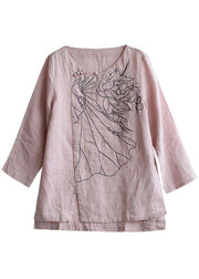Elegant Pink O-Neck Button Embroideried Fall Linen Long Sleeve Top - SooLinen