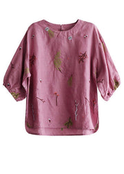 Elegant Pink O-Neck Embroideried Summer Linen Blouses - SooLinen