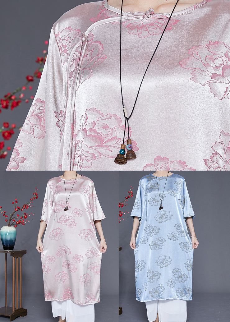 Elegant Pink O-Neck Print Tassel Silk Long Dress Half Sleeve